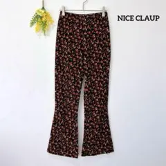 良品★ナイスクラップ 総柄 フレアパンツ ベロア調 花柄 ブラック ウエストゴム