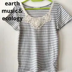 earth music&ecology ストライプ 半袖Tシャツ グレー レース