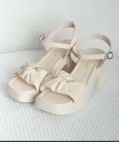 太ヒールサンダル レディースリボン風 アイボリー
