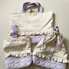 レッスンバッグ 上履き袋 入園入学 3点セット 韓国生地 ハート キルト 裏地