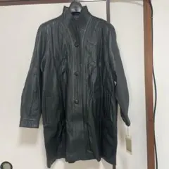 黒*猫様 黒 グリーン レザーコート ボタン付き ロング丈