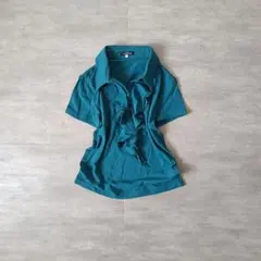 vintage フリルシャツ 半袖 ターコイズブルー フリルトップス レトロ古着