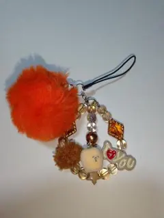 オレンジファー付　ビーズストラップ