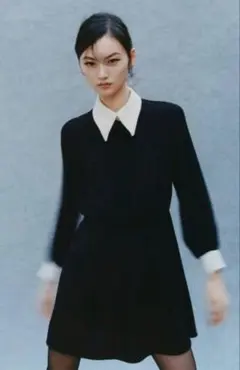 ZARA コントラストワンピース（襟付き、金ボタン）