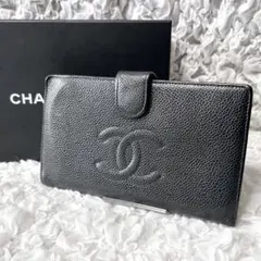 CHANEL ブラックレザー 二つ折り財布　キャビアスキン　がま口　レザー　ココ