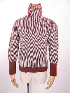 【値下げ】長袖ニットセーター　ヘリンボーン柄　ハイネック　オレンジライン　茶　M