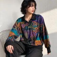 レトロ総柄 シアーニットトップス 日本製 アート柄 ゆるシルエット