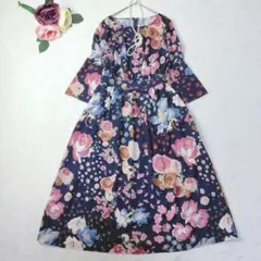洗える✨華やか フラワープリント 総柄 ロングワンピース ネイビー系 7号のサムネイル