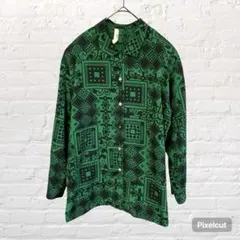 11212 Amuser 長袖ブラウス 幾何学模様 総柄 グリーン 派手 古着