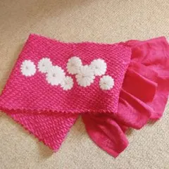 総絞り帯揚げ　刺繍入　ピンク　白い菊