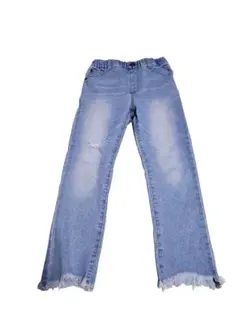 フリンジ裾ダメージ加工ストレートパンツ 115-125cm