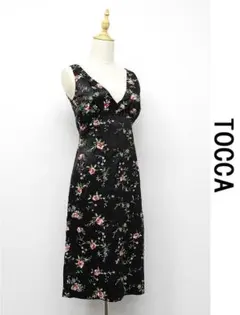 I490 TOCCA ノースリーブワンピース シルク 刺繍 花柄 光沢 1 黒