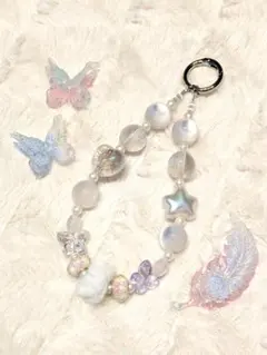 [ハンドメイド]ホワイト系、星型 蝶型 ストラップ#033