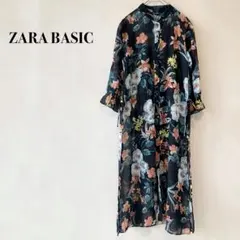 ZARAザラベーシック シャツワンピース 花柄 シースルー 七分袖 バンドカラー