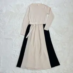 ◆アンデミュウ　ニットワンピース　サイド配色　ベルト付き　長袖　ウール　ベージュ