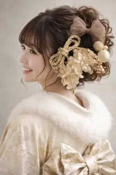 成人式・前撮り・卒業式・袴・結婚式 ゴールド髪飾り 水引×リボン×あじさい