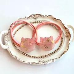 キッズ ヘアゴム ねこ 和柄 桜 ピンク レジン 2個