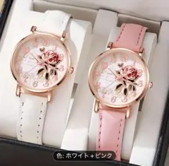 【新品】ローズモチーフ腕時計 ホワイト＋ピンク【稼動品】