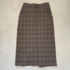タイトロングスカート チェック柄 ウエストゴム ボタン2個 グレー L