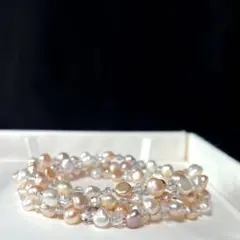 マルチカラー本真珠 × 透明石 ロングネックレス 6.7〜8.7㎜ M421