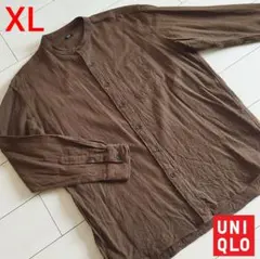 UNIQLO ユニクロ フランネル素材 バンドカラー 長袖シャツ ブラウン XL