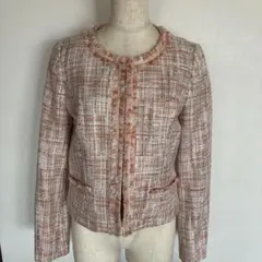 インディヴィ　ノーカラー ピンクツイードジャケット