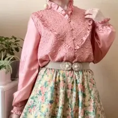 スタンドカラー レース フリルブラウス 昭和レトロ ヴィンテージ 一点物 ピンク