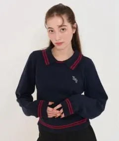 Tina:Jojun 配色ライン入り 襟付きニットプルオーバー ネイビー