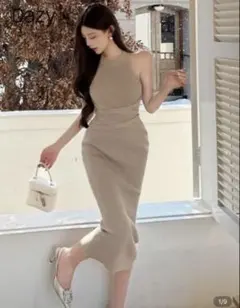 ベージュ ノースリーブ ニットロングワンピース