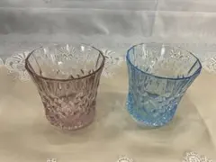 東洋佐々木ガラス　カットガラス風 ロックグラス 2個セット ピンク 青