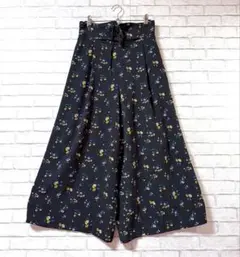 【コルザ】花柄ハイウエストワイドパンツ L ベルトコルセットベルト風 ガウチョ