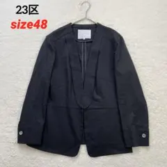 大きいサイズ 23区 ストレッチリネン カラーレスジャケット 48 黒