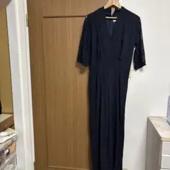 ネイビー レース袖 パーティー　パンツドレス