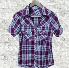 ラメ線入り チェック柄 スキッパーシャツ ウエスタン風 M 半袖 Y2K