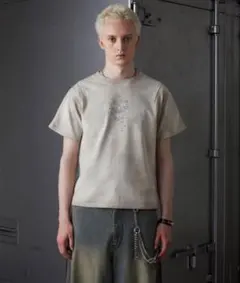 GRANCY】スカルラインストーンデザインtシャツ（サンドベージュ