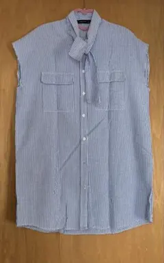 トレンドZARA 春ストライプブラウス　ブルー系　ボウタイ XS