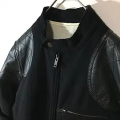 【個性派古着】デザインジャケット　肩当て牛革　重量感　黒　メンズ LL