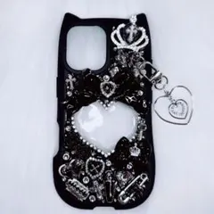 iPhone17ケース デコ電 デコケース 黒 猫耳 地雷系 ゴスロリ ギャル