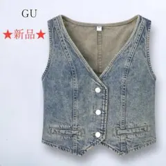 新品【ジーユー】デニムベスト ヴィンテージ加工 Vネック ショート ブルー L