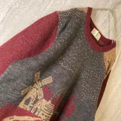 ヴィンテージ ニットセーター ウール シルク 総柄 昭和 レトロ ボルドー