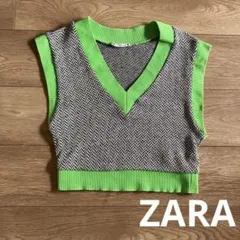 ZARA グリーン Vネック ニットベスト S ヘリンボーン