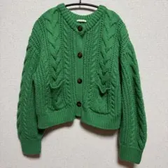 GUグリーン ケーブルニット カーディガン　M