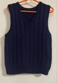 【手編み】Ｖネック　ベスト　紺　お受験