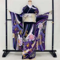 振袖フルセット 黒 紫 成人式 草履バック付 裄70cm S-183