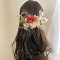 和玉とミニリボンのドライフラワー髪飾り　金箔　水引　卒業式　袴　結婚式　カシス