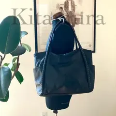 【キタムラ】オールレザー トートバッグ 黒 男女兼用 白ステッチ 大容量 肩掛け