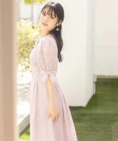 袖口リボン付きパール釦コットンレースワンピース