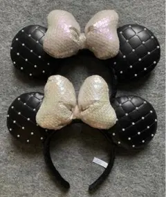 ディズニー　カチューシャ　キルティング　パール　リボン　黒　ミニー　ペア　2個