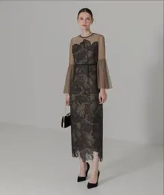 【LEJA】シアー刺繍レース透け感プリーツスリーブ お呼ばれドレス（Sサイズ）