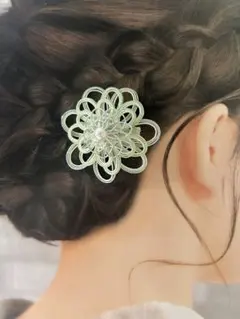 水引のヘアクリップ　和装　髪飾り　花　きみどり（ラメ）×シルバー